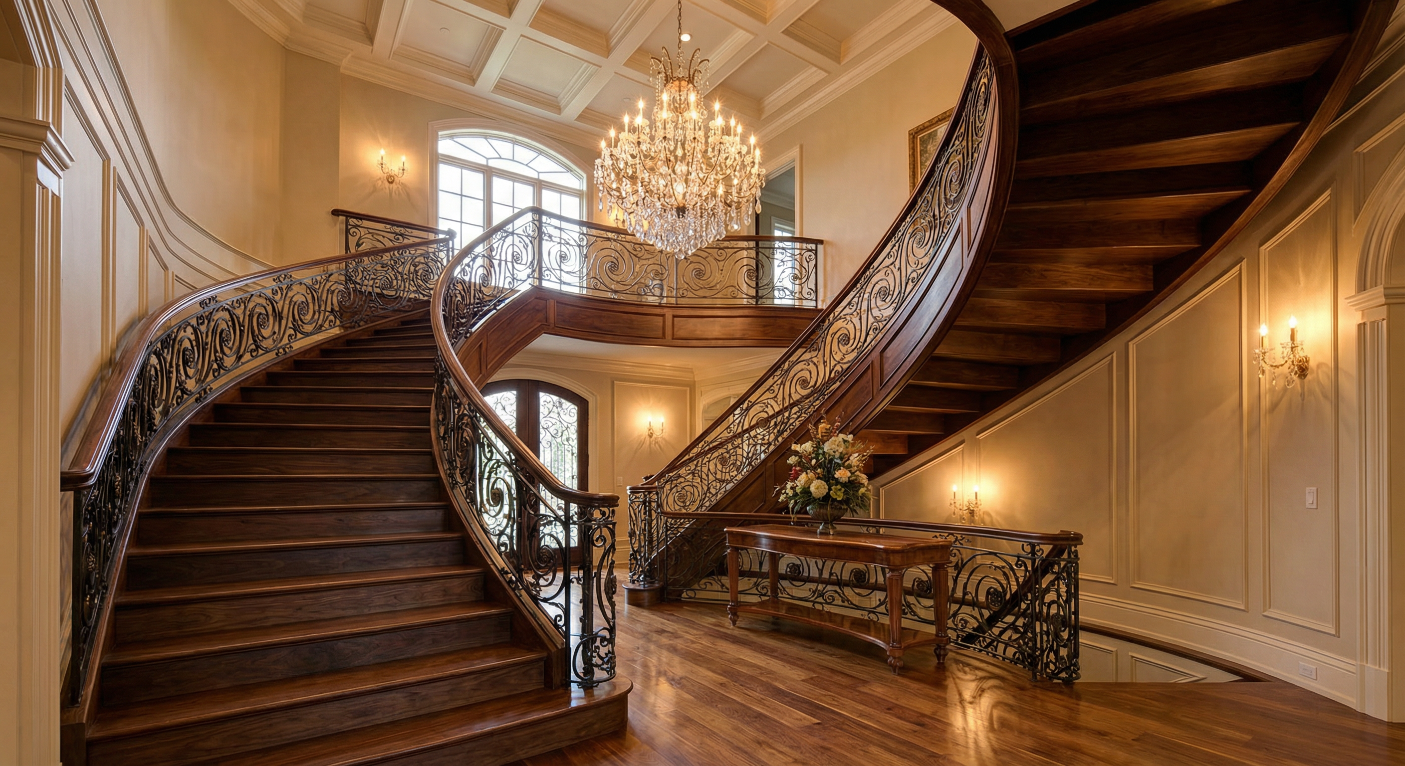 Elegant curved staircase with chandelier